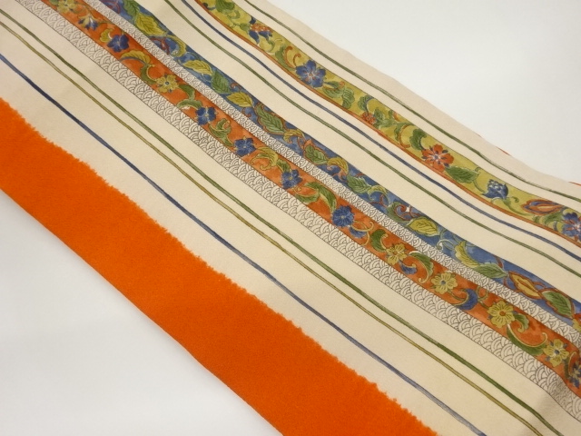 縮緬地縞に花葉・青海波模様名古屋帯